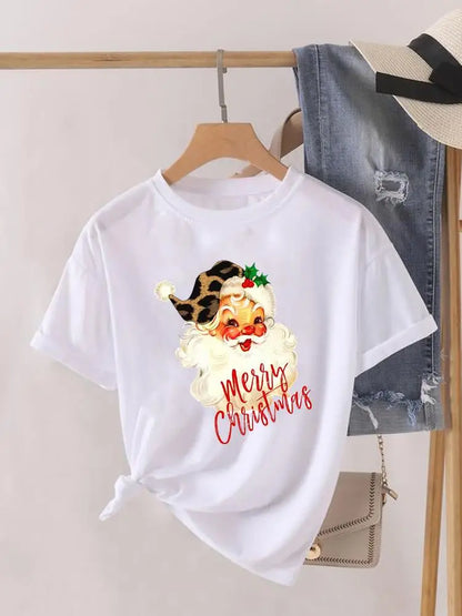 Lady New Year Short Sleeve Print Fashion Women Shirt Tee Top Paw Dog Cat Trend Cute Christmas Clothing Clothes Graphic T-shirt