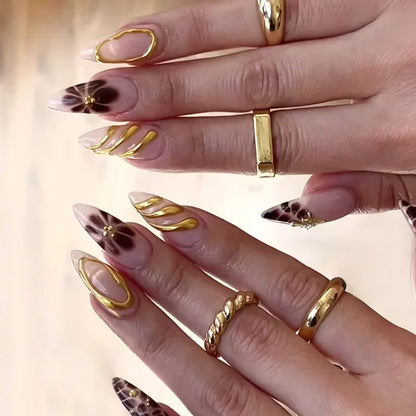 24Pcs French Gold Edge Wearable Almond Press on Fake Nails Simple Pearl Decoration False Nails with Glue Full Over Manicure Tips