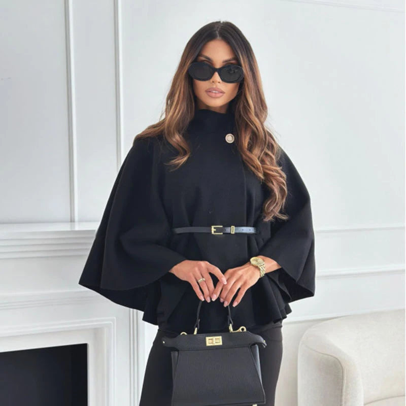 Lady Cloak Cape Woollen Tweed Poncho Thick Autumn Winter Women Single Buckle Batwing Sleeve Coat Elegant Warm Loose Outwear 2024