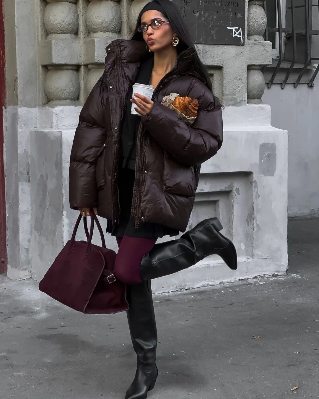 Casual Burgundy Lace Up Down Jacket Women Chic Lapel Button Pocket Thick Cotton Coat 2024 Autumn Winter Lady Highstreet Outwear