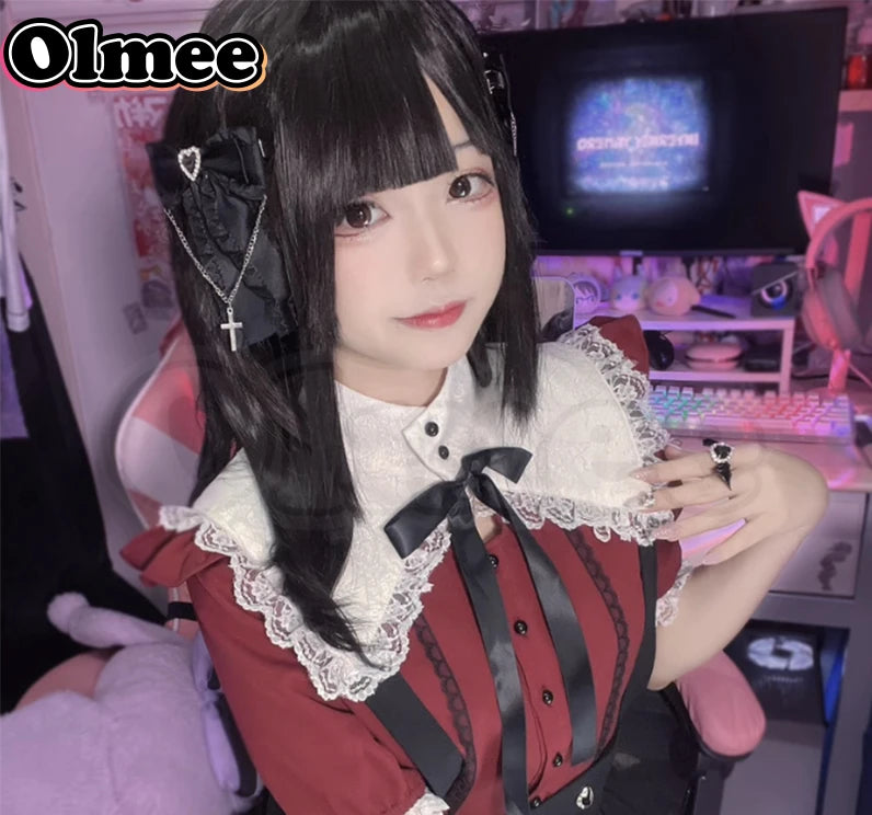 [Olmee] In Stock Red Wine Jirai Kei Lace T Shirt Ame chan Cosplay Sweet Ryousan Gata Lolita Mine Style y2k Needy Girl Overdose