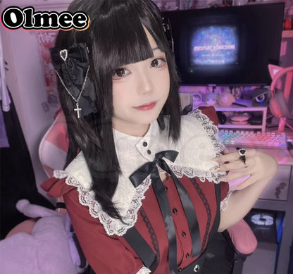 [Olmee] In Stock Red Wine Jirai Kei Lace T Shirt Ame chan Cosplay Sweet Ryousan Gata Lolita Mine Style y2k Needy Girl Overdose