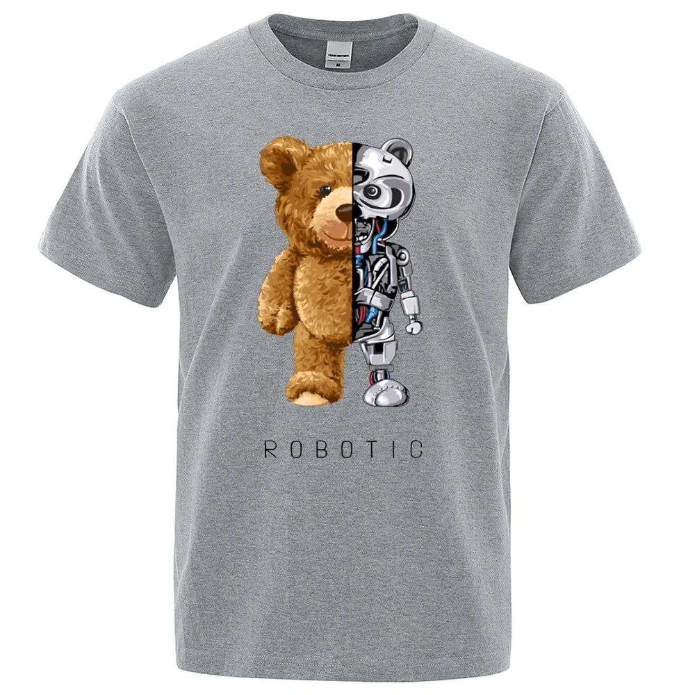 Funny Teddy Bear Robot Tshirt Robotic Bear Men Short Sleeve Fashion Casual Clothing Summer Cotton Tees Oversized Street T-Shirts