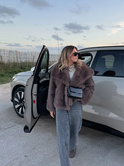 Women's Brown Long Sleeved Buttons Faux Fur Coat Winter Thick Warm Fury Turn-down Jacket Female High Street Outerwear 2024
