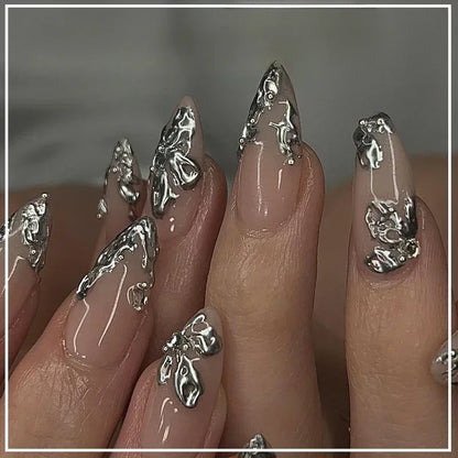 24Pcs French Gold Edge Wearable Almond Press on Fake Nails Simple Pearl Decoration False Nails with Glue Full Over Manicure Tips