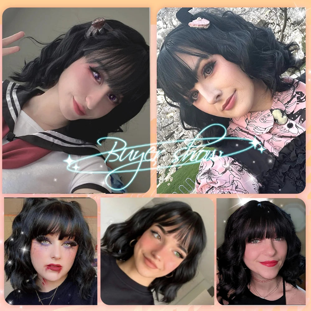 oneNonly Black Wig with Bangs Natural Wigs for Women Short Wavy Synthetic Wig Daily Party Heat Resistant Hair