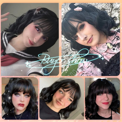oneNonly Black Wig with Bangs Natural Wigs for Women Short Wavy Synthetic Wig Daily Party Heat Resistant Hair