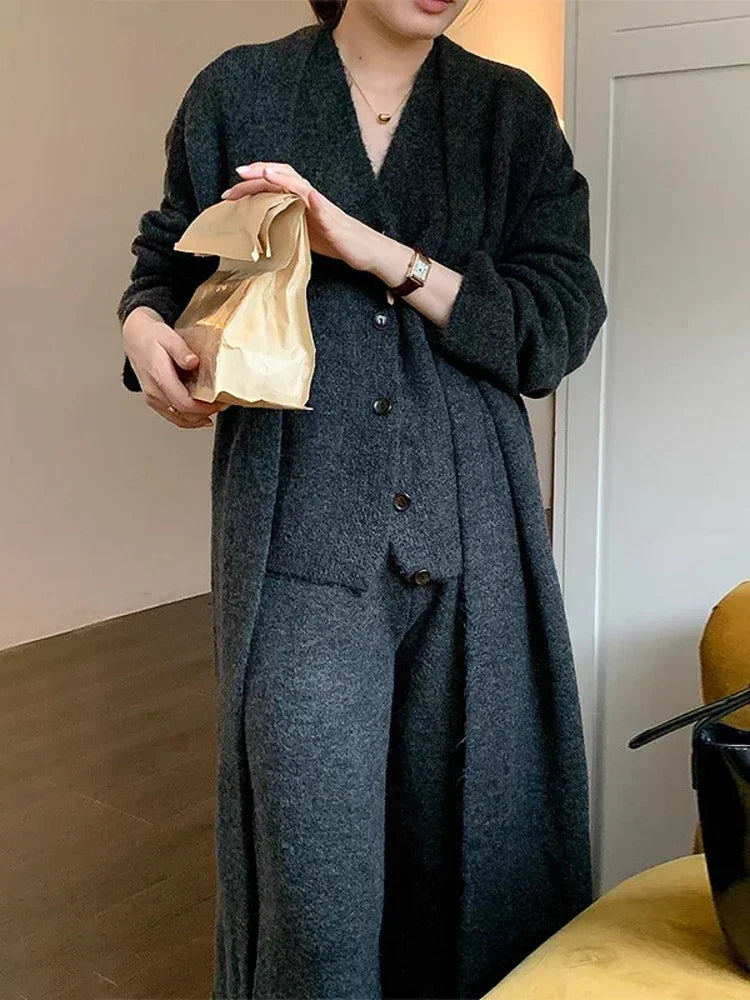 Thick Knited 3 Piece Sets Elegant Women Long Sleeve Sweater Coat+Single Breasted Knit Vest+Trousers 2024 Autumn Winter New