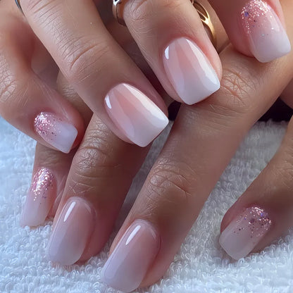 24Pcs Short Square Press on Nails Gradient Glitter False Nails French Tip Lines Acrylic Nails Full Cover Wearable Fake Nail Tips