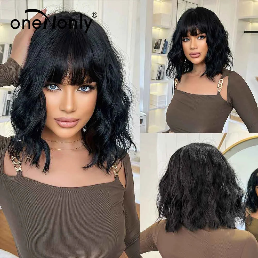 oneNonly Black Wig with Bangs Natural Wigs for Women Short Wavy Synthetic Wig Daily Party Heat Resistant Hair