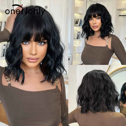 oneNonly Black Wig with Bangs Natural Wigs for Women Short Wavy Synthetic Wig Daily Party Heat Resistant Hair