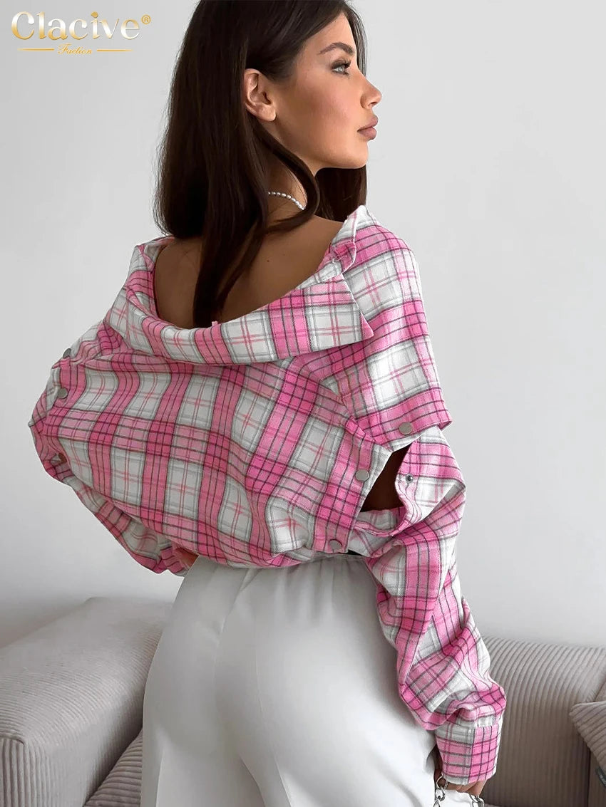 Clacive Fashion Loose Plaid Office Women's Shirt Vintage Lapel Long Sleeve Shirts Elegant Classic Blouse Top Female Clothing