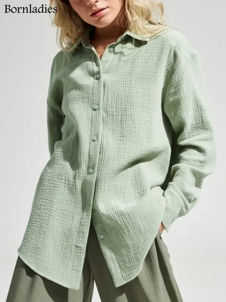 Bornladies 2024 Women's Spring Summer 100% Cotton Shirts Office Lady  Fashionable Solid Lady Long Sleeve Loose Tops Crepe Shirts