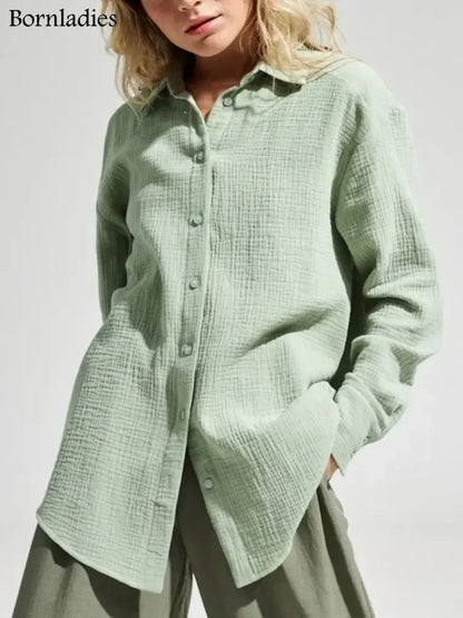 Bornladies 2024 Women's Spring Summer 100% Cotton Shirts Office Lady  Fashionable Solid Lady Long Sleeve Loose Tops Crepe Shirts