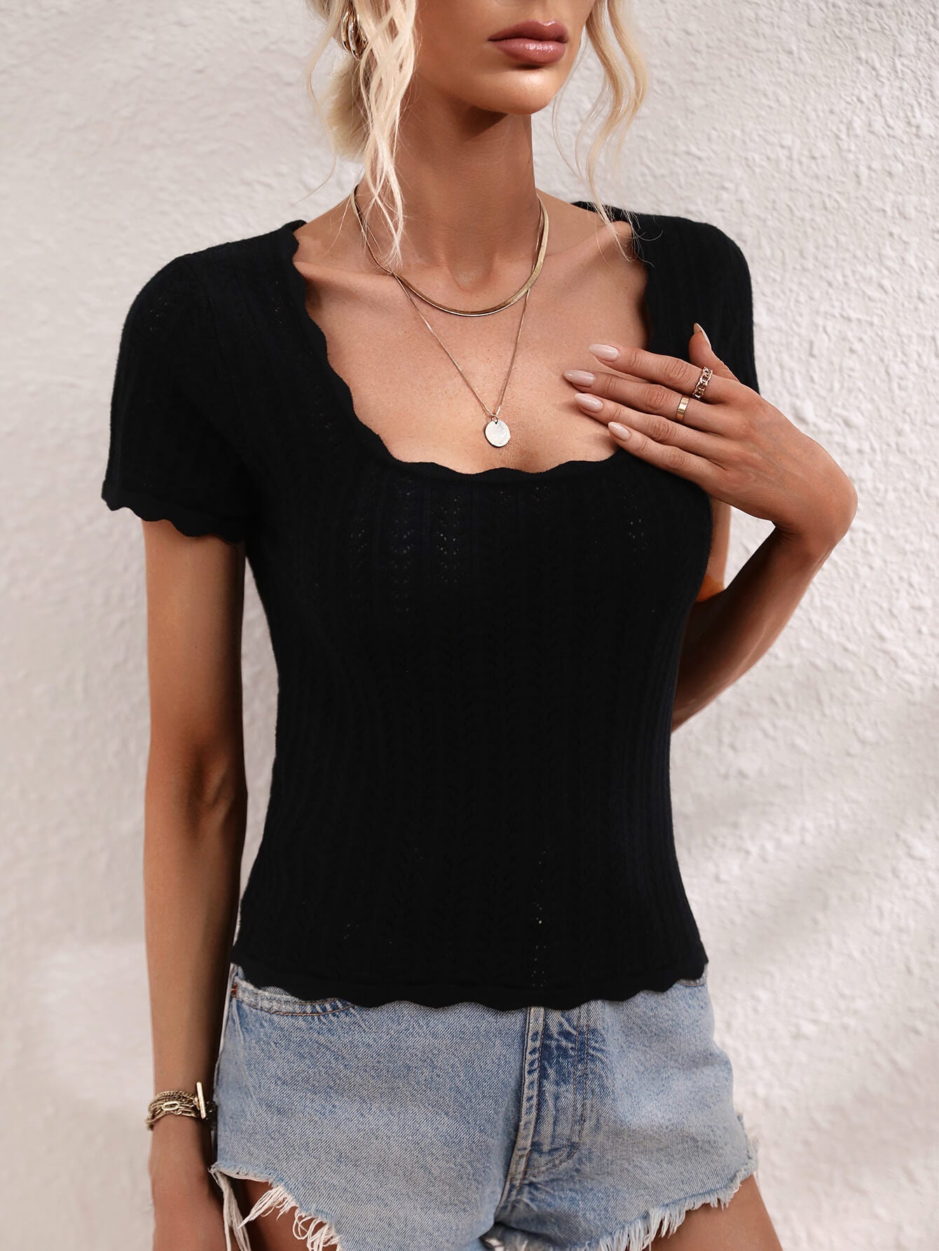 Scalloped Hem Square Neck Knit Top