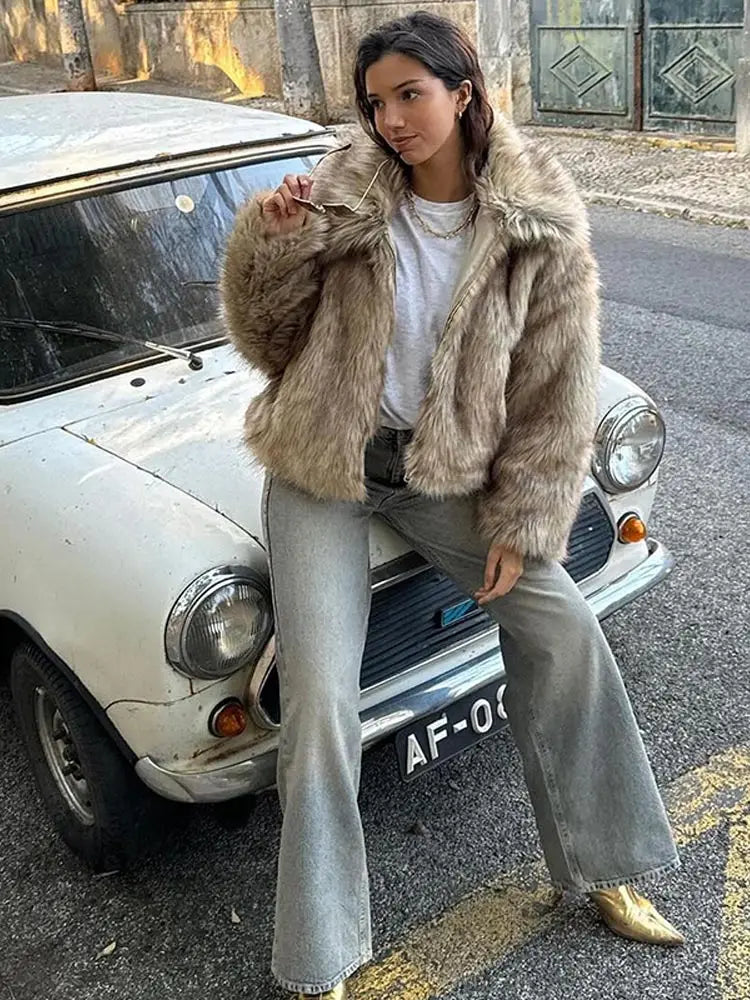 Brown Big Lapel Faux Fur Fury Women's Coats Fluffy Long Sleeved Thick Warm Fury Jackets 2024 Winter Lady Casual Street Outwear