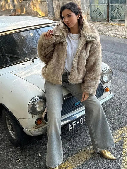 Brown Big Lapel Faux Fur Fury Women's Coats Fluffy Long Sleeved Thick Warm Fury Jackets 2024 Winter Lady Casual Street Outwear