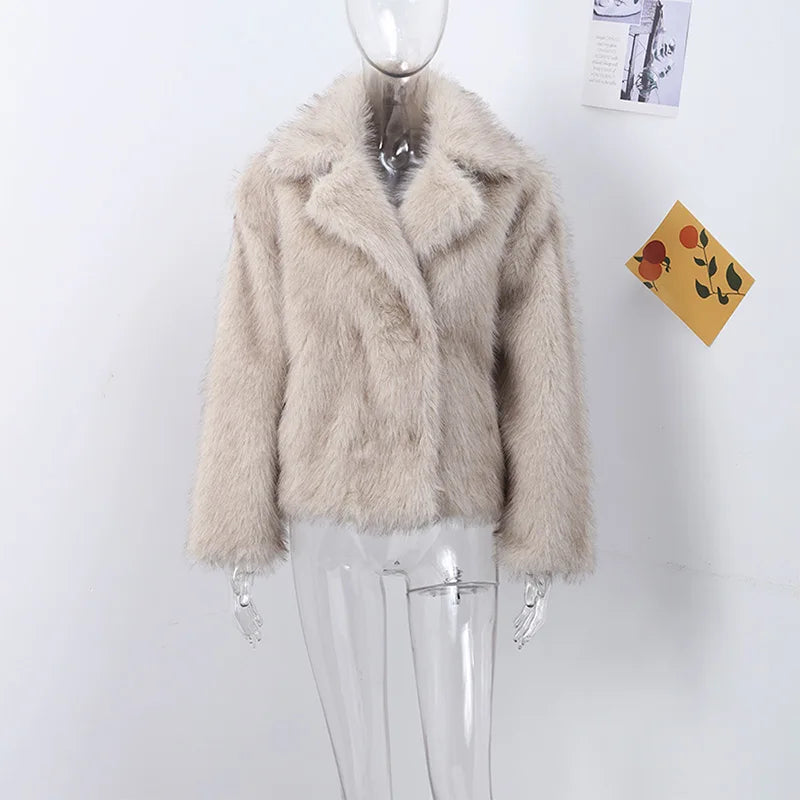 Street Women's White Faux Fur Coat Loose Lapel Long Sleeve Female Furry Jacket 2024 Autumn Winter Lady Luxury Plush Overcoat New