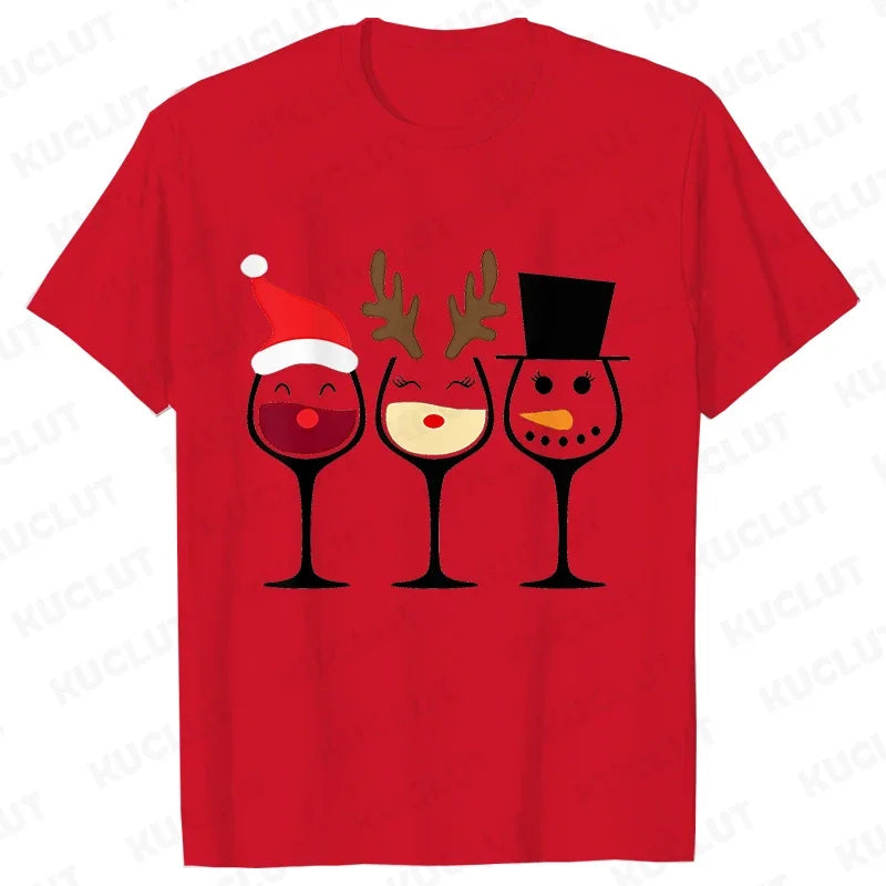 Christmas Wine T Shirts for Women Clothing Funny Cartoon T-shirts Kawaii Fashion Tshirt Korean Female Tops Christmas Wine Tees