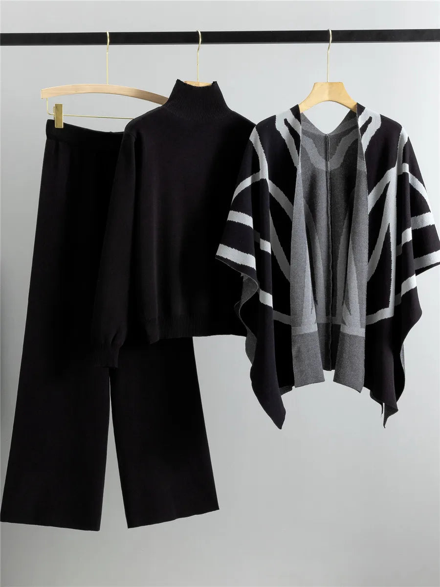 Elegant Chic Knitted 3 Piece Sets Women Solid Turtleneck Sweater Knitwears Shawl Suits Casual High Waist Sweatpants Setleri New