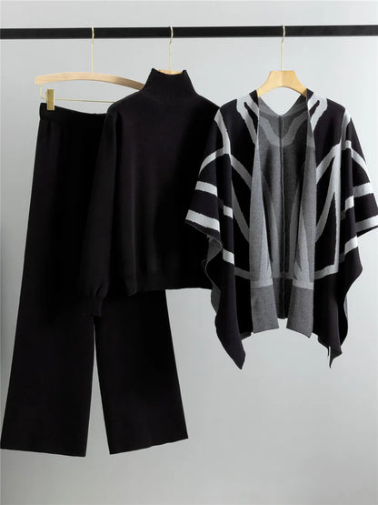 Elegant Chic Knitted 3 Piece Sets Women Solid Turtleneck Sweater Knitwears Shawl Suits Casual High Waist Sweatpants Setleri New
