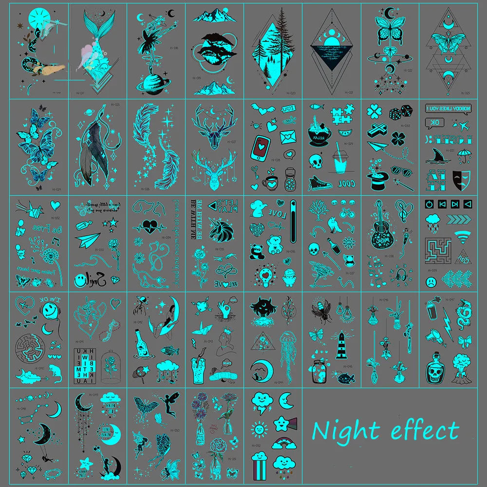 Luminous Tattoo Stickers for Women Arm Face Glowing Tattoos Body Art Tattoos Snake Butterfly Electric Syllable Party Tattoo 2022