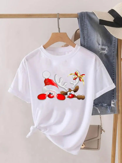 Lady New Year Short Sleeve Print Fashion Women Shirt Tee Top Paw Dog Cat Trend Cute Christmas Clothing Clothes Graphic T-shirt