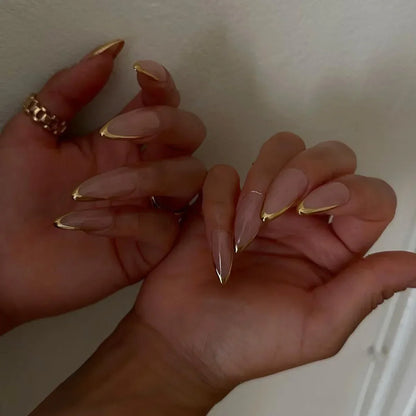 24Pcs French Gold Edge Wearable Almond Press on Fake Nails Simple Pearl Decoration False Nails with Glue Full Over Manicure Tips