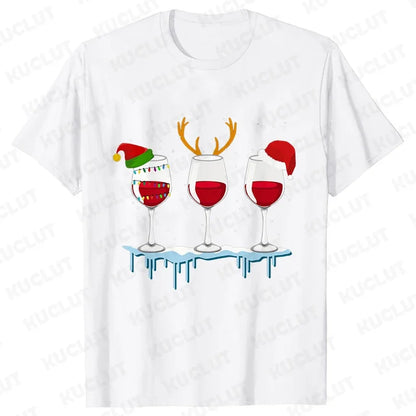 Christmas Wine T Shirts for Women Clothing Funny Cartoon T-shirts Kawaii Fashion Tshirt Korean Female Tops Christmas Wine Tees