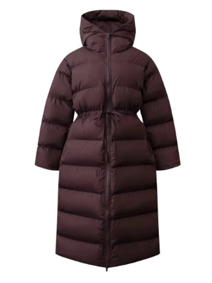 2024 Women Winter Solid Long Cotton Coats Fashion Hooded High Waist Drawstring Thick Warm Parkas Lady Casual Street Outcoat