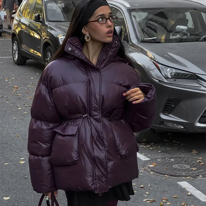 2024 Winter Solid Drawstring Quilted Cotton Coat Fashion Stand Collar Hooded Warm Jacket Lady New Thicken Casual Streetwear