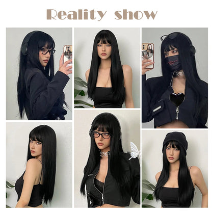 EASIHAIR Long Silky Straight Synthetic Wigs with Bangs Black Cosplay Party Lolita Hair Wigs for Women Natural Heat Resistant Wig