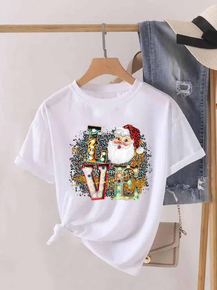 Lady New Year Short Sleeve Print Fashion Women Shirt Tee Top Paw Dog Cat Trend Cute Christmas Clothing Clothes Graphic T-shirt