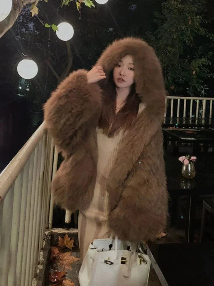 Women's Winter Jacket，Imitation Fox Fur Coat，new in Outerwears，Hooded Fur Jacket，faux Fur Coat Women，winter Coats Woman 2024