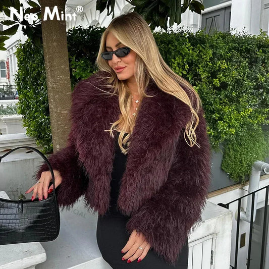 Neo Mint 2024 Winter Hot Trendy Iconic Blogger Fashion Burgundy Faux Fur Coat Women Overcoat Girls Shawl Collar Lamb Fur Jacket