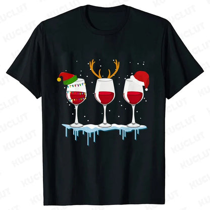 Christmas Wine T Shirts for Women Clothing Funny Cartoon T-shirts Kawaii Fashion Tshirt Korean Female Tops Christmas Wine Tees