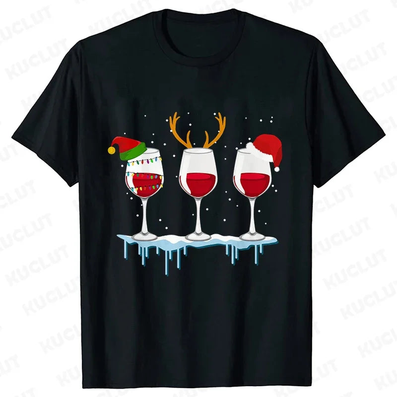 Christmas Wine T Shirts for Women Clothing Funny Cartoon T-shirts Kawaii Fashion Tshirt Korean Female Tops Christmas Wine Tees