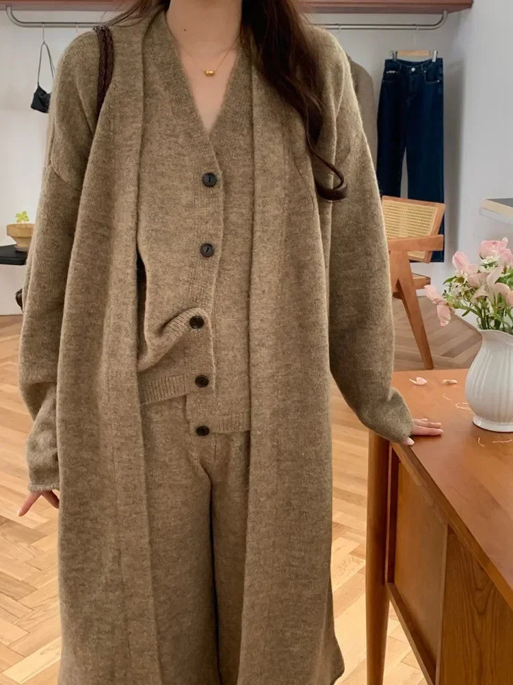 Thick Knited 3 Piece Sets Elegant Women Long Sleeve Sweater Coat+Single Breasted Knit Vest+Trousers 2024 Autumn Winter New