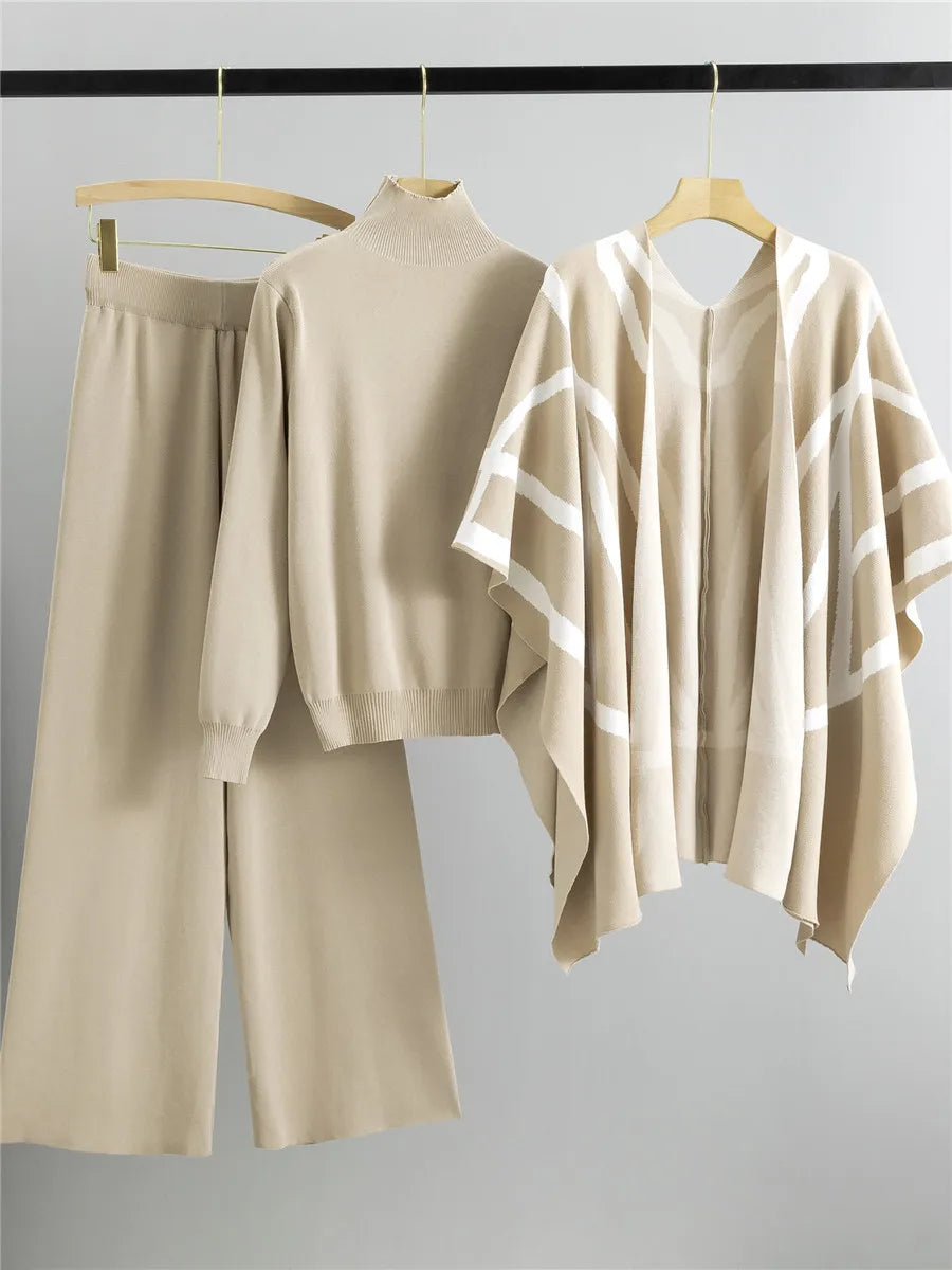 Elegant Chic Knitted 3 Piece Sets Women Solid Turtleneck Sweater Knitwears Shawl Suits Casual High Waist Sweatpants Setleri New