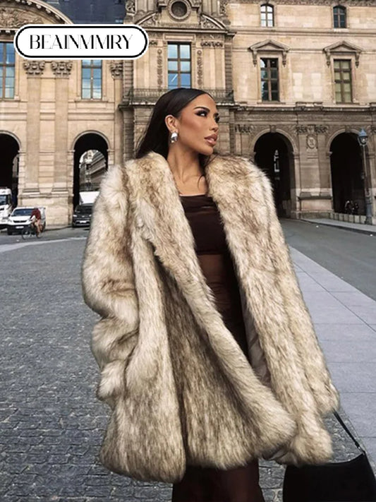 Luxurious Fashion Lapel Faux Fur Midi Coat Women Street Long Sleeve Oversize Cardigan Jacket Winter Thick Warm Female Outerwear