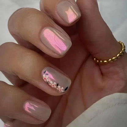 24Pcs Short Retro Flower Design Nails Art Manicure Pink False Nails Wearable Square Fake Nails Press on Full Cover Nail Tips