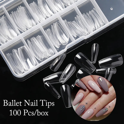 100/240/500 Pcs Boxed Transparent Coffin Ballet Fake Nails Tips Full Coverage Nail Tips Decorations