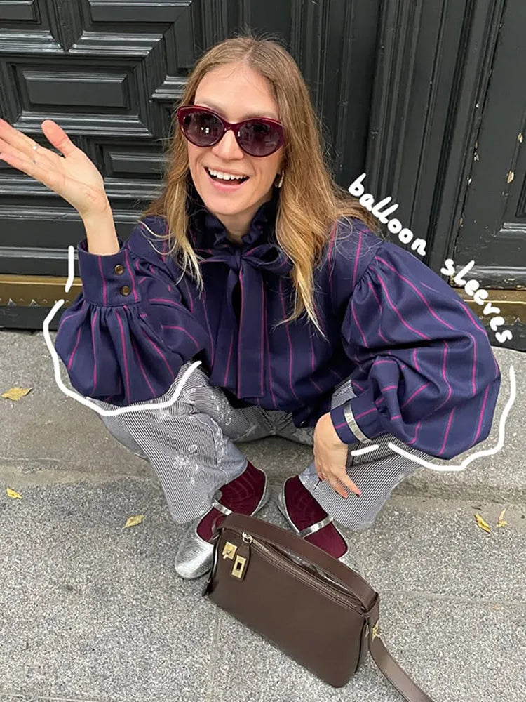 Striped Women Casual Lace Up Blouse Fashion O Neck Long Sleeve Single-breasted Loose Shirt 2025 Spring New Female Commuting Tops
