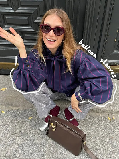 Striped Women Casual Lace Up Blouse Fashion O Neck Long Sleeve Single-breasted Loose Shirt 2025 Spring New Female Commuting Tops