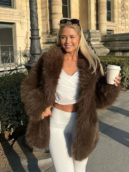 Luxury Brown Oversized Stand Collar Faux Fur Coats Women Fashion Long Sleeve Loose Thicken Jackets 2024 Winter Lady Streetwear