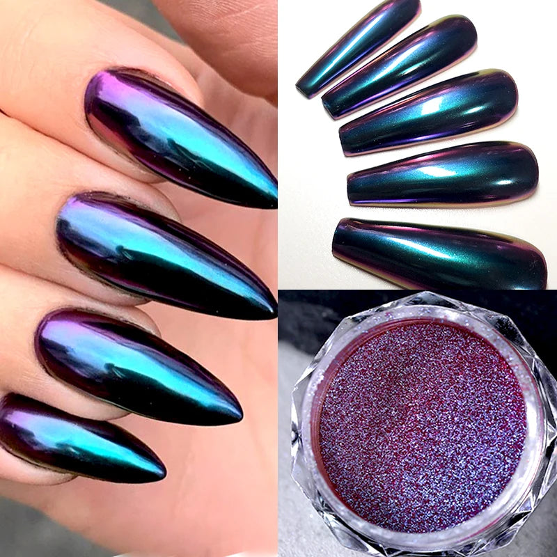 NICOLE DIARY Aurora Nail Powder Chrome Pigment Pearl Metallic Rubbing Dust Chameleon Effect Nail Art Glitter Manicure Decoration