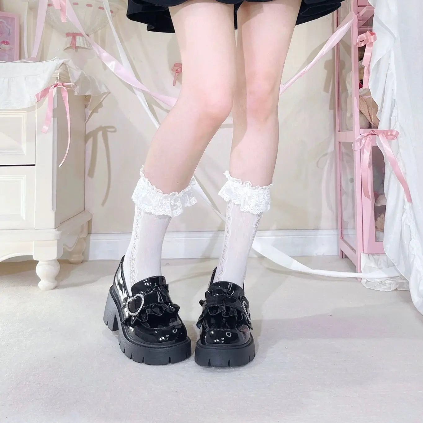 [Olmee] In Stock Jirai Kei Loafer Shoes Rhinestone Heart Japanese Basic Black Leather Lolita Cute Mine Style Kawaii y2k Sweet