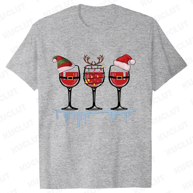 Christmas Wine T Shirts for Women Clothing Funny Cartoon T-shirts Kawaii Fashion Tshirt Korean Female Tops Christmas Wine Tees