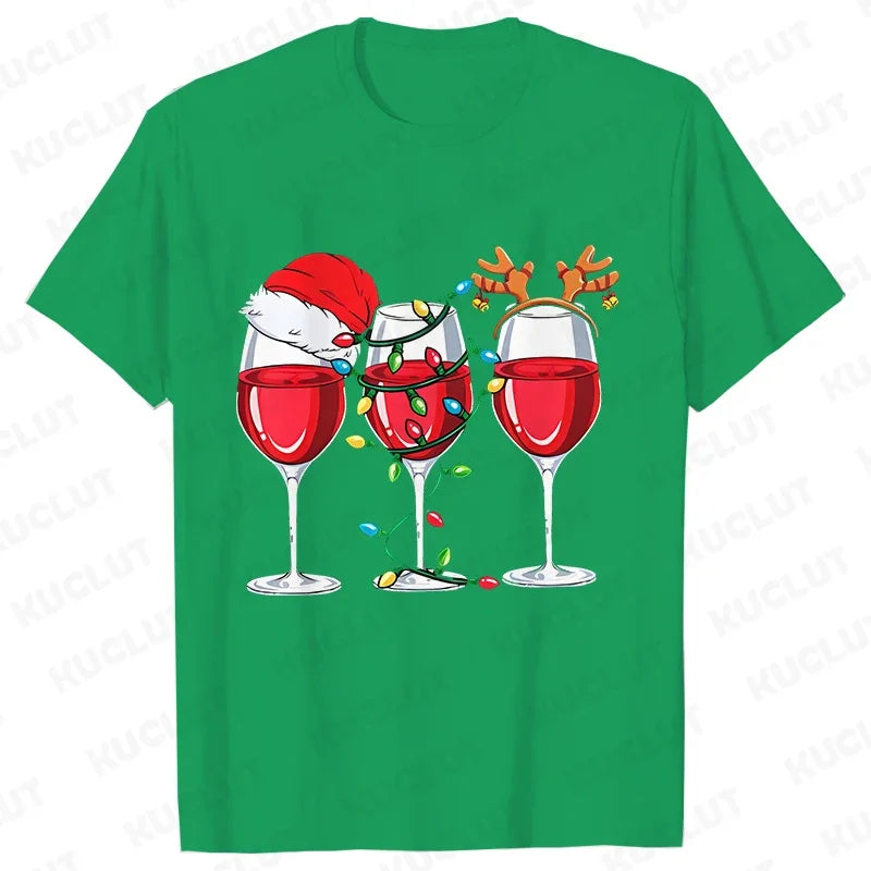 Christmas Wine T Shirts for Women Clothing Funny Cartoon T-shirts Kawaii Fashion Tshirt Korean Female Tops Christmas Wine Tees