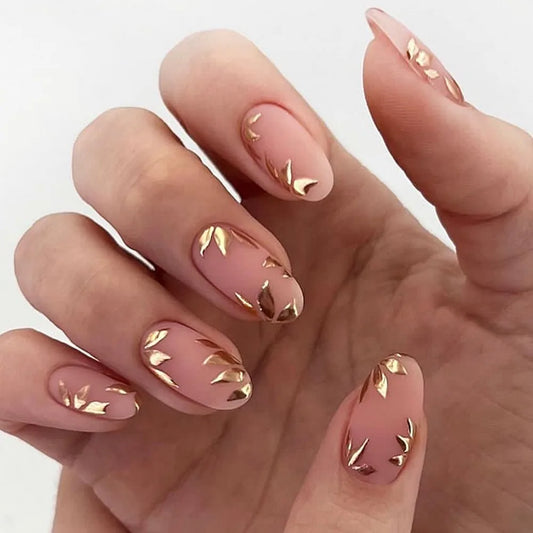 Almond False Nails Press on Nails Golden Maple Leaf Fake Nail Tips Full Cover Detachable Wearable Manicure Ballet Nails